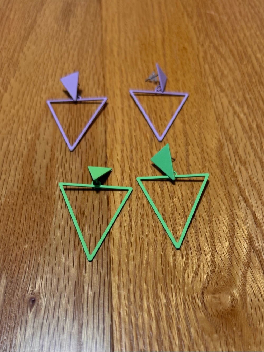 Geometric Triangle Drop Earrings in Purple and Green